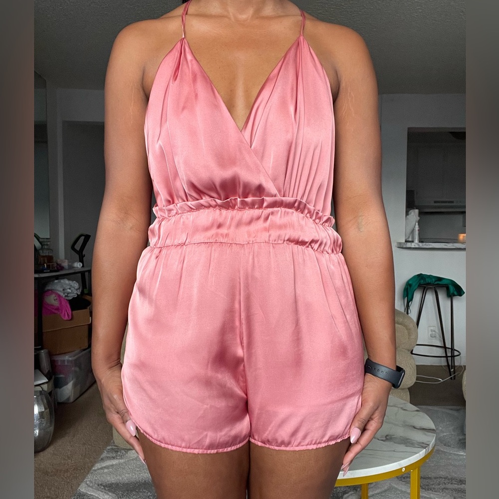 Pink Satin Halter Romper